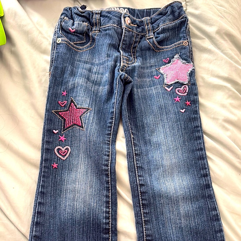 Girls' Blue Jeans with Pink Star Embroidery
